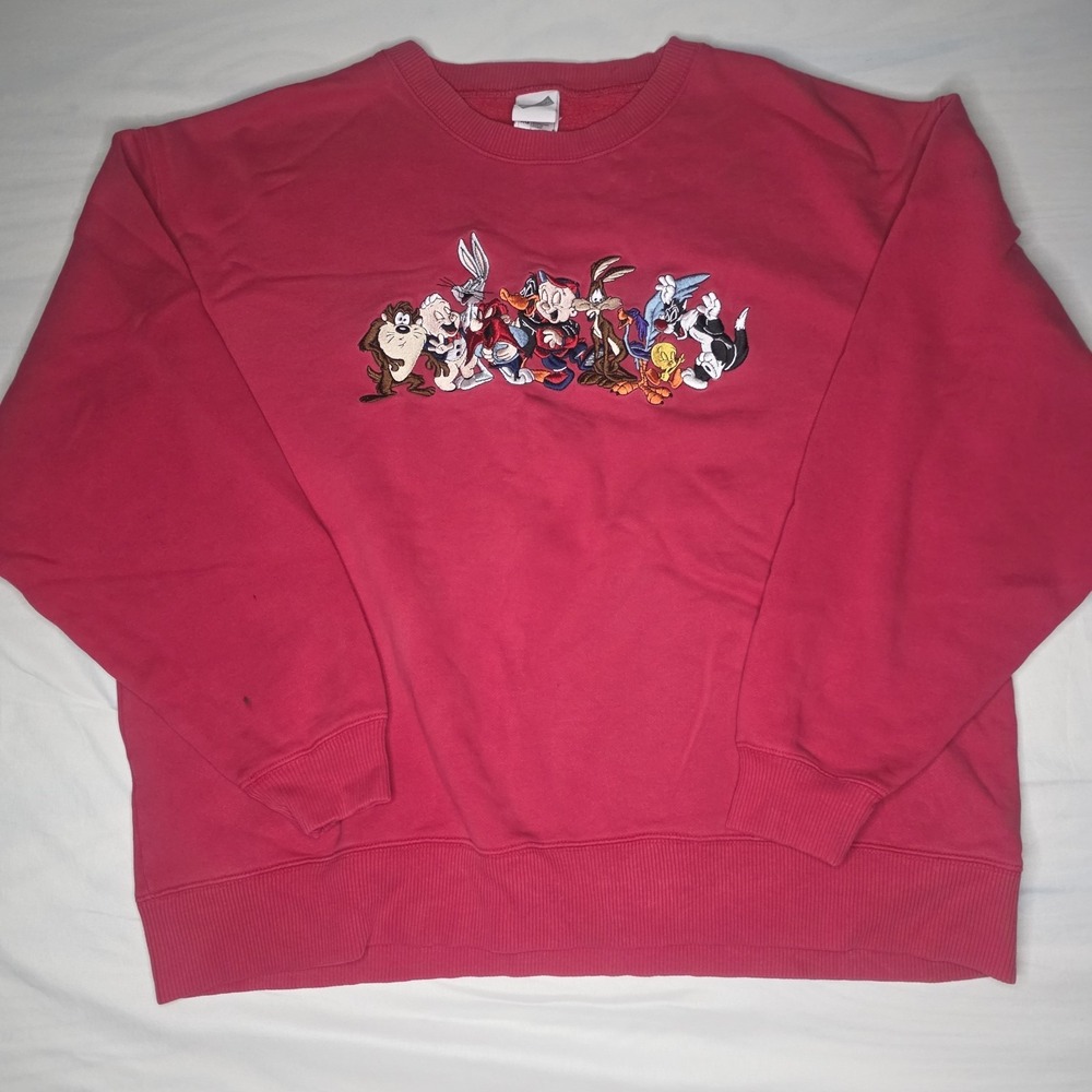 Warner Bros Men's VTG Pullover Sweater Sz XL Red‎ Classic Cartoons Embroidered